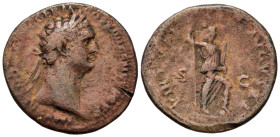 Domitian (81-96). Æ As (29,2mm, 10.5g). Rome. Head of Domitian, laureate r. R/ Virtus standing right, resting foot on helmet, holding spear and parazo...