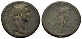 Domitian (81-96). Æ As (27,3mm, 9.8g). Rome, AD 92-94. Laureate head r. R/ Moneta standing l., holding scales and cornucopiae; in field, S - C. RIC 75...
