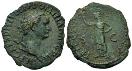 Domitian (81-96). Æ Sestertius (30,7mm, 19g). Rome. Laureate head to r., drapery on far shoulder. R/Minerva standing to l., holding spear; S-C across ...