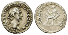 Trajan (98-117). AR Denarius (17.8mm, 3.10g). Rome, 98-9. Laureate head r. R/ Abundantia seated l. on chair formed by crossed cornucopiae, holding sce...