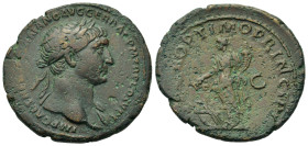 Trajan (98-117). Æ As (30mm, 11.5g). Rome, AD 108-109/110. Laureate bust right, slight drapery. R/ Fortuna standing left, holding rudder and cornucopi...