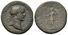 Trajan (98-117). Æ As (26,7mm, 10.3g). Rome, AD 107. Laureate head of Trajan r. R/ Victory advancing left, holding olive-branch and palm. RIC 521.