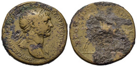 Trajan (98-117). Æ Sestertius (34,2mm, 24.3g). Rome, AD 107-110. Laureate bust r., drapery on far shoulder. R/ Trajan on horse riding right, spearing ...