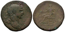 Trajan (98-117). Æ Sestertius (32mm, 26.3g). Rome, AD 109-110. Laureate bust right, slight drapery. R/ Salus seated left, resting elbow on chair and f...