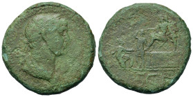Trajan (98-117). Æ Sestertius (33,4mm, 21.2g). Rome. Laureate and draped bust r. R/ Trajan seated left on platform presenting Parthamaspates to kneeli...