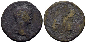 Trajan (98-117). Æ Sestertius (33,7mm, 24.2g). Rome, AD 116-117. Laureate and draped bust r. R/ Trajan seated left on daïs, presenting Parthamaspates ...