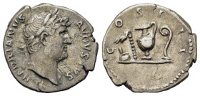 Hadrian (117-138). AR Denarius (18.8mm, 3.20g). Rome, 125-7. Laureate bust r., slight drapery. R/ Emblems of the augurate and pontificate: simpulum, a...