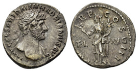 Hadrian (117-138). AR Denarius (18.8mm, 3.20g). Rome, 119-20.Laureate bust r., drapery on l. shoulder. R/ Felicitas standing l., holding caduceus and ...