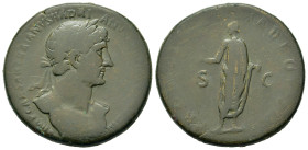 Hadrian (117-138). Æ Sestertius (33,8mm, 26.7g). Rome. Laureate bust r., chest bare, slight drapery. R/ Hadrian standing left, holding volumen and rai...