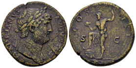 Hadrian (117-138). Æ Sestertius (33mm, 27.30g). Rome, 125-27. Laureate bust r., with drapery on l. shoulder. Rev. Neptune standing l., r. foot on prow...