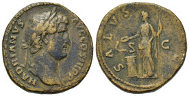 Hadrian (117-138). Æ Sestertius (31,3mm, 26g). Rome, AD 134-138. Bare head r. R/ Salus standing left, feeding snake out of patera in left hand, snake ...