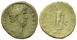 Aelius (Caesar, AD 136-138). Æ As (24,8mm, 9.5g). Rome, AD 137. Bareheaded and draped bust right / Spes advancing left, holding up flower and hitching...