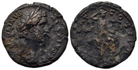 Antoninus Pius (138-160). Æ As (27,4mm, 9.8g). Laureate head r. R/ Minerva seated r., holding spear and lifting right hand to head. Rare.