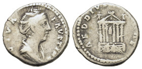 Diva Faustina Senior (died, 140/1). AR Denarius (17,2mm, 2.9g). Rome, AD 146-161. Draped bust r. R/ Hexastyle temple in which is a seated figure of Fa...