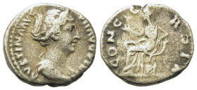 Faustina II (147-176 ). AR Denarius (17,3mm, 3.5g). Rome. Draped bust r. R/Concordia seated l., holding flower and resting elbow on cornucopia. globe ...