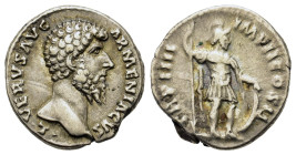 Lucius Verus (161-169). AR Denarius (17mm,3.50g). Rome, 164. Bare head r. R/ Mars standing r., holding spear and shield set on ground. RIC III 515; RS...