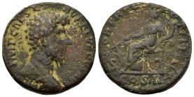 Lucius Verus (161-169). Æ As (24mm, 9.5g). Rome, AD 162-163. Bare head r. R/ Fortuna seated left, holding cornucopia and resting right hand on rudder....