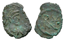 Anastasius I (491-518). Æ Nummus (11mm, 0.26g, 12h). Constantinople, 491-498. Diademed, draped and cuirassed bust r. R/ Monogram of Anastasius. MIBE 4...