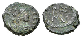 Anastasius I (491-518). Æ Nummus (10mm, 0.84g, 12h). Constantinople, 491-498. Diademed, draped and cuirassed bust r. R/ Monogram of Anastasius. MIBE 4...