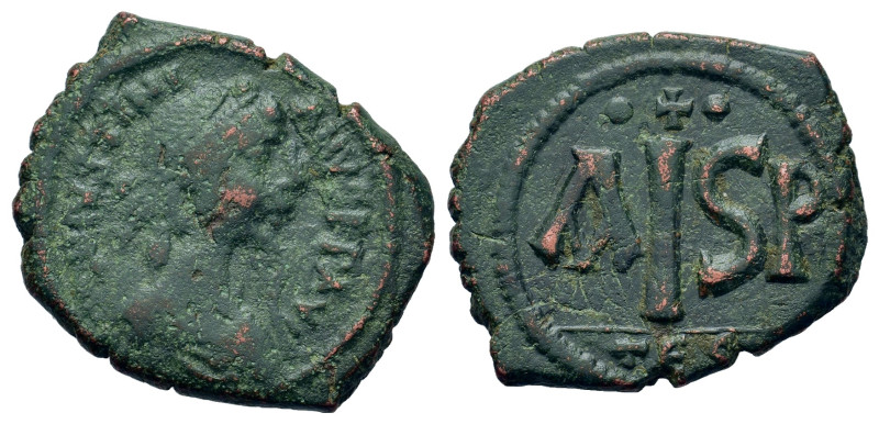 Justinian I (527-565). Æ 16 Nummi (22,4mm, 6g). Thessalonica. Pearl diademed, dr...