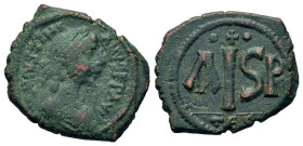 Justinian I (527-565). Æ 16 Nummi (22,4mm, 6g). Thessalonica. Pearl diademed, draped, and cuirassed bust r. R/ Large I, officina letter A to left, dot...