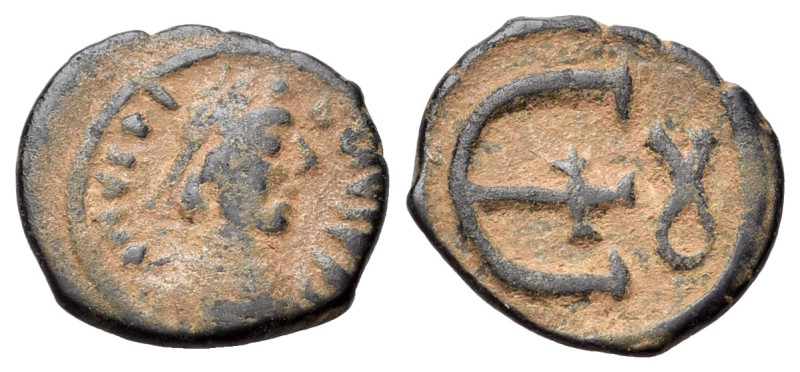Justinian I (527-565). Æ Pentanummium (14mm, 1.68g, 11h). Theoupolis. Diademed, ...
