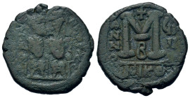 Justin II, with Sophia (565-578). Æ 40 Nummi (27mm, 13.22 g, 6h). Nicomedia mint, 1st officina. Dated RY 8 (572/30). Justin, holding globus cruciger, ...