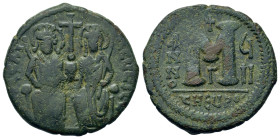 Justin II with Sophia (565-578). Æ 40 Nummi (30,2mm, 12.80g). Antioch, year 7 (AD 571/572). Justin and Sophia seated facing on double throne, each hol...