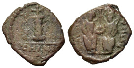 Justin II with Sophia (565-578). Æ 10 Nummi (17,2mm, 2.9g). Antioch, year 8 (AD 572/3). Nimbate figures of Justin II and Sophia seated facing on thron...