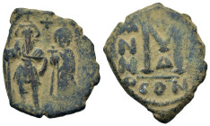 Constans II and Constantine IV (641-668). Æ 40 Nummi (22.8mm, 7.7g).Constantinople. Constans, holding long cross, and Constantine IV, holding globus c...