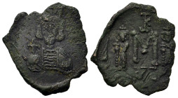Constantine IV Pogonatus, with Heraclius and Tiberius (668-685). Æ 40 Nummi (22,3mm, 3g). Syracuse, AD 669-672. Crowned facing bust, holding globus cr...