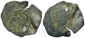 John III Ducas (Emperor of Nicaea, 1222-1254). Æ Trachy (32,7mm, 3.1g). Magnesia mint. Facing bust of Christ Emmanuel. R/ John, holding labarum, and S...