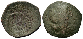 Theodore II Ducas-Lascaris (Emperor of Nicaea, 1254-1258). Æ Trachy (24,3mm, 2.3g). Magnesia. St. Tryphon standing facing; lis to left and right. R/ T...