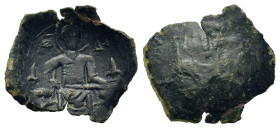 Empire of thessalonica. John Comnenus-Ducas (1237-1242). Æ Trachy (17mm, 0.9g). St. Demetrius seated facing on throne, holding sword across lap; lis t...