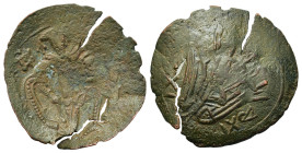 Michael VIII Palaeologus (1261-1282). Æ Trachy (25,6mm, 1.7g). Thessalonica. Archangel Michael standing facing, holding sword and resting hand upon sh...