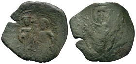 Andronicus II Palaeologus, with Michael IX (1282-1328). Æ Trachy (27,6mm, 3.3g). Constantinople.Facing bust of the Theotokos, orans. R/ Crowned facing...
