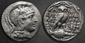 Attica. Athens. ΕΥΡΥΚΛΕΙ- (Euryklei-), ΑΡΙΑΡA- (Ariara-) and ΔΙΟΝY- (Diony-), magistrates circa 165-42 BC. Struck ca. 135/4 BC. Tetradrachm AR. New St...