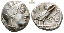 ATTICA, Athens. Circa 454-404 BC
Obv: Helmeted head of Athena right, with frontal eye 
Rev: ΑΘΕ
Owl standing right, head facing, closed tail feathers;...