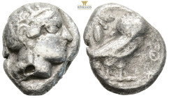 ATTICA, Athens. Circa 454-404 BC
Obv: Helmeted head of Athena right, with frontal eye 
Rev: ΑΘΕ
Owl standing right, head facing, closed tail feathers;...