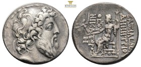 SELEUKID KINGDOM. Demetrios II Nikator, second reign, 129-126/5 BC. AR Tetradrachm (14,81 g; 28,3 mm)
Obv. Diademed and horned head right. Rev. BAΣIΛ...