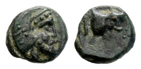 ACHAEMENID EMPIRE(?). Uncertain, circa 5th-4th centuries BC. AE (0,99 g; 10,4 mm)
Obv. Helmeted, bearded head right. Rev. Uncertain. Near very fine