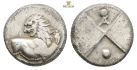 THRACE. Chersonesos. Circa 386-338 BC.
Obv: Forepart of lion right, head reverted.
Rev: Quadripartite incuse square, with alternating raised and sun...
