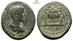 CAPPADOCIA. Caesarea. Elagabalus, AD 218-222
Obv: Laureate, draped and cuirassed bust right.
Rev: Mount Argaeus; on altar, date ET Γ
AE Bronze, 12,01g...