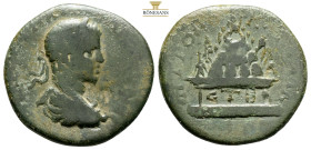 CAPPADOCIA. Caesarea. Elagabalus, AD 218-222 
Obv: Laureate, draped and cuirassed bust right.
Rev: MHTPOΠΟ ΚΑΙCΑΡΙA. Mount Argaeus; on altar, date ET ...
