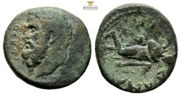 LYDIA, Maeonia. temp. Septimius Severus, AD 193-211. 
Obv: Bearded head of Herakles left 
Rev: Omphale advancing right, lion's skin hanging from neck ...