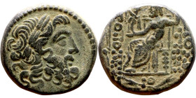 SYRIA. Antioch. Civic issue (100-1 BC). AE bronze. Obv: laureate head of Zeus, r. Rev: ΑΝΤΙΟΧΕΩΝ ΤΗΣ ΜΗΤΡΟΠΟΛΕΩΣ; Zeus seated l., holding Nike and sce...