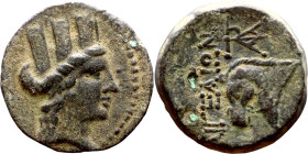 Aegeae (130-75 BC) Bronze. Obv: Bust of Tyche. Obv: Head of Horse