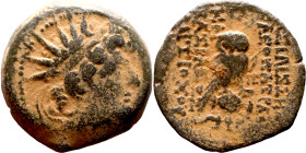 Antiochos VIII Epiphanes (Seleukid King121-96 BC). AE bronze. Obv.:Radiate head of Antiochus VIII right. Rev.: Owl, looking forward, standing right on...