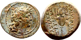 Tryphon (Seleukid King: 142-138 BC). AE bronze. Obv.: diademed bust of Tryphonos right. Rev.:ΒΑΣΙΛΕΩΣ ΤΡΥΦΩΝΟΣ (AY)ΤΟΚΡΑΤΟΡΟΣ, macedonian helmet decor...