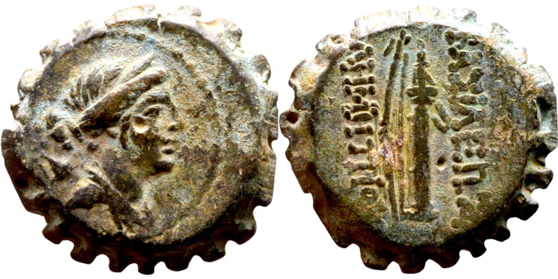 Demetrios I Soter (Seleukid King: 162 – 150 BC) bronze: Obv: Draped bust of Arte...